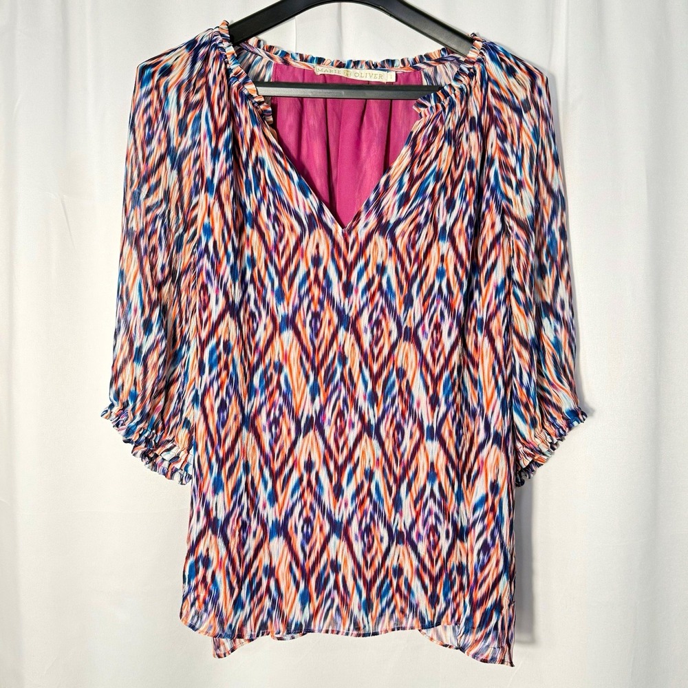 Marie Oliver Women's Abstract V-Neck 3/4 Sleeve Pleated Blouse Top Size 1